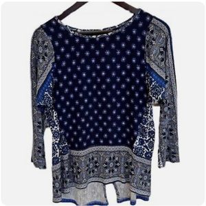 Lucky Brand | Blue White 3/4 Sleeve Paisley Blouse Women's M Boho